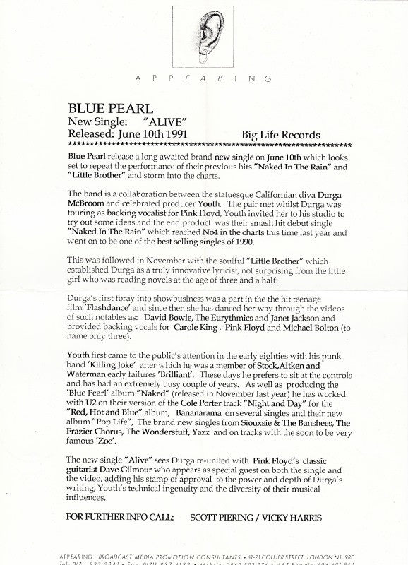 Blue Pearl : Alive (7", Single)