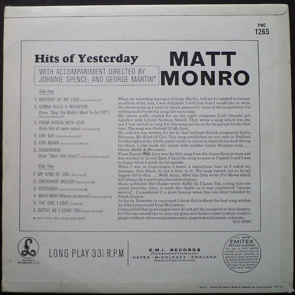 Matt Monro : Hits Of Yesterday (LP, Comp, Mono, RE)