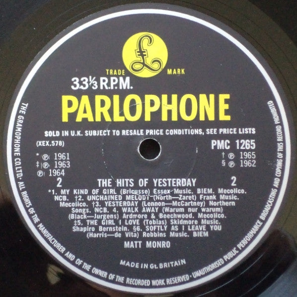 Matt Monro : Hits Of Yesterday (LP, Comp, Mono, RE)