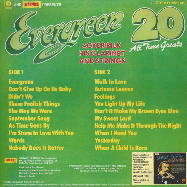 Acker Bilk His Clarinet And Strings : Evergreen (20 All Time Greats) (LP)