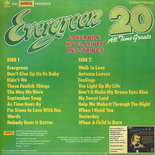 Acker Bilk His Clarinet And Strings : Evergreen (20 All Time Greats) (LP)