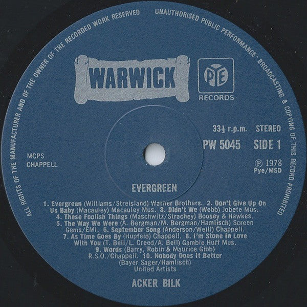 Acker Bilk His Clarinet And Strings : Evergreen (20 All Time Greats) (LP)