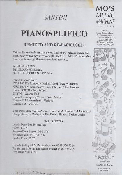 Santini : Pianosplifico (12", Single, W/Lbl)