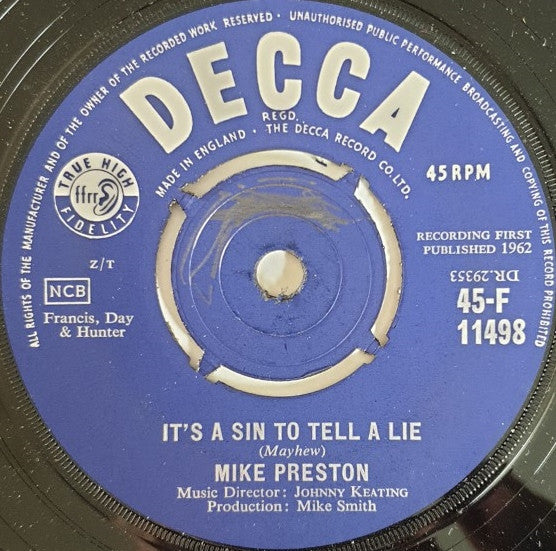 Mike Preston : It's A Sin To Tell A Lie (7")