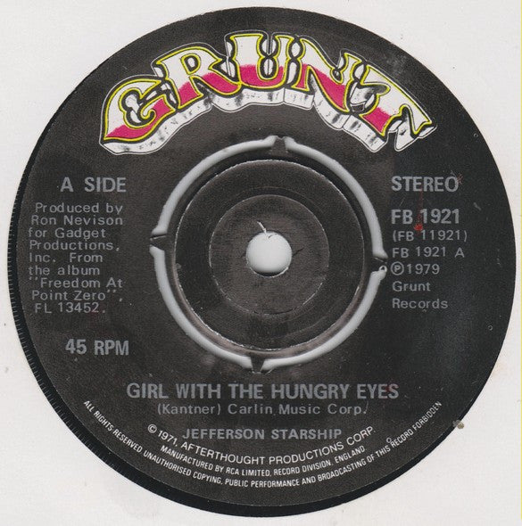 Jefferson Starship : Girl With The Hungry Eyes (7", Single)