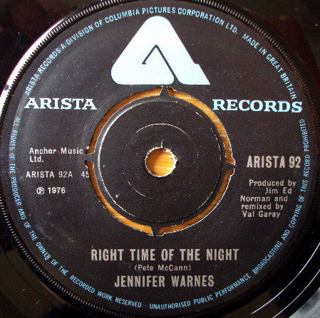Jennifer Warnes : Right Time Of The Night (7", Single)