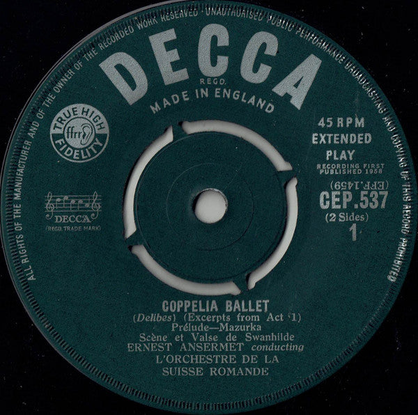 Ernest Ansermet Conducting L'Orchestre De La Suisse Romande : Coppelia Ballet (7", EP, RE, Pus)