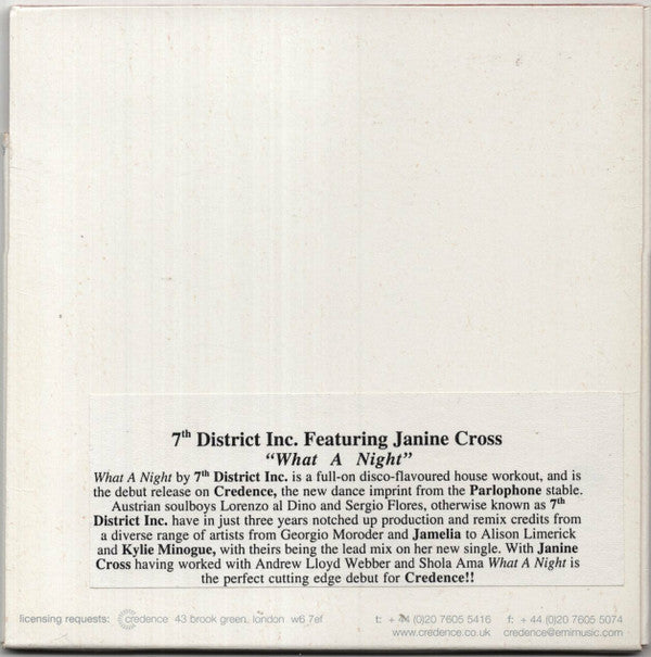 7th District Inc. Feat. Janine Cross : What A Night (CD, Single, Promo)