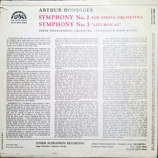 Arthur Honegger, The Czech Philharmonic Orchestra, Serge Baudo : Symphonies No. 2 And No. 3 (LP, Mono, RP)