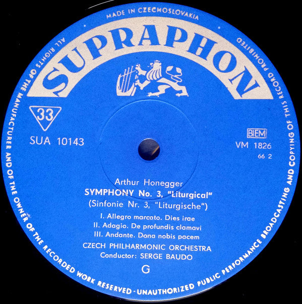 Arthur Honegger, The Czech Philharmonic Orchestra, Serge Baudo : Symphonies No. 2 And No. 3 (LP, Mono, RP)