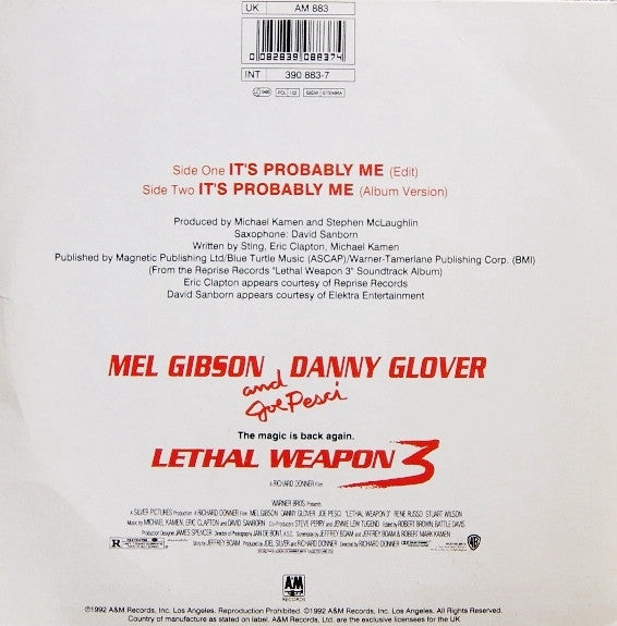 Sting With Eric Clapton : It's Probably Me (7", Single)