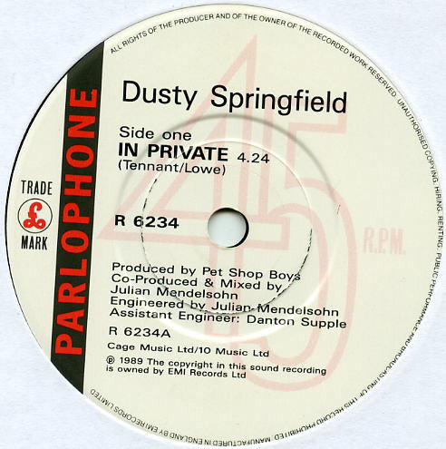 Dusty Springfield : In Private (7", Single, Pap)