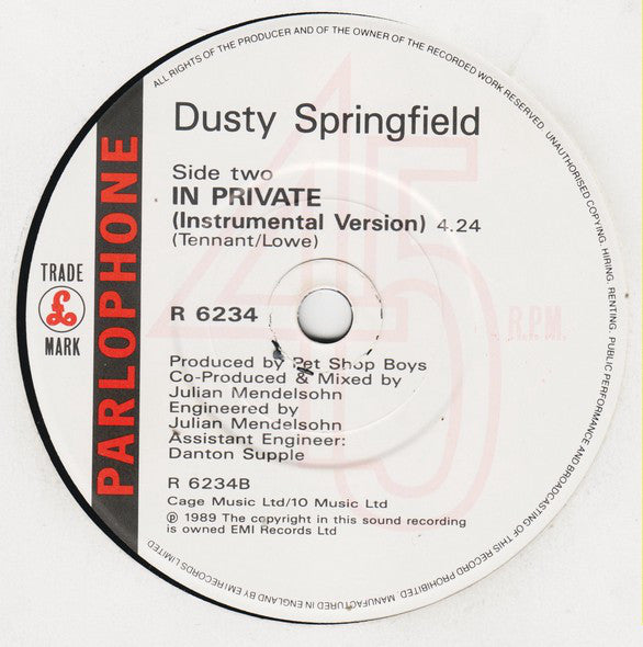 Dusty Springfield : In Private (7", Single, Pap)