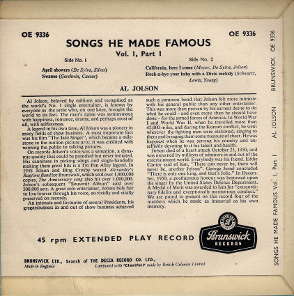 Al Jolson : Songs He Made Famous Vol.1, Part 1 (7", EP, 4-p)
