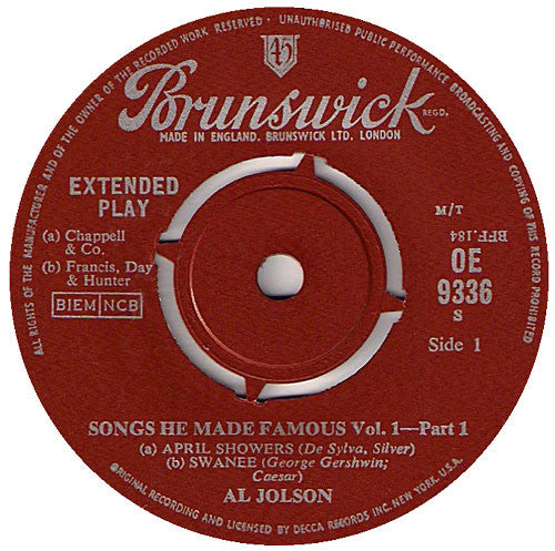 Al Jolson : Songs He Made Famous Vol.1, Part 1 (7", EP, 4-p)