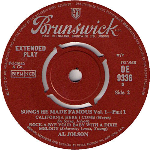 Al Jolson : Songs He Made Famous Vol.1, Part 1 (7", EP, 4-p)