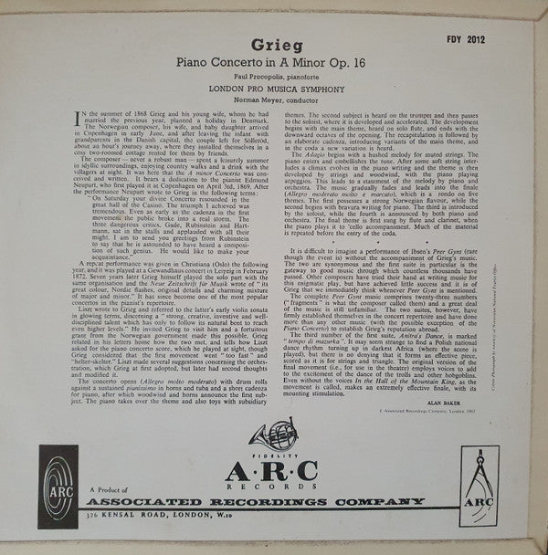 Edvard Grieg / The London "Pro Musica" Symphony Orchestra Conducted By Norman Meyer : Piano Concerto In A Minor Opus 16, Peer Gynt Suite No. 1, Opus 46 (LP)