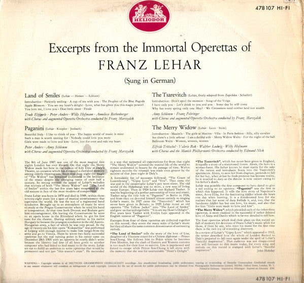 Franz Lehár : Land Of Smiles / Paganini / The Tsarevitch / The Merry Widow (LP, Comp, Mono)