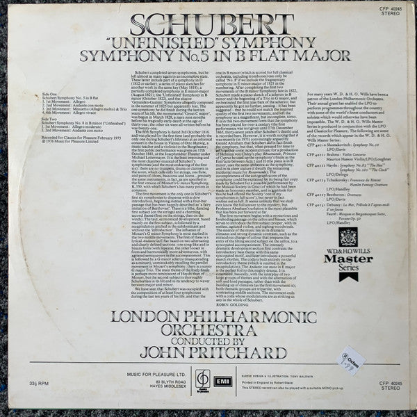 Franz Schubert, London Philharmonic Orchestra Conducted By John Pritchard : "Unfinished" Symphony / Symphony No. 5 In B Flat Major (LP)