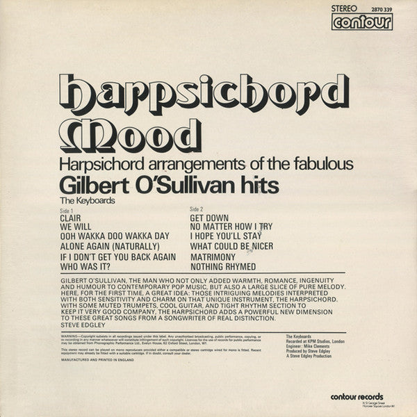 The Keyboards : Harpsichord Mood (Harpsichord Arrangements Of The Fabulous Gilbert O'Sullivan Hits) (LP, Album)