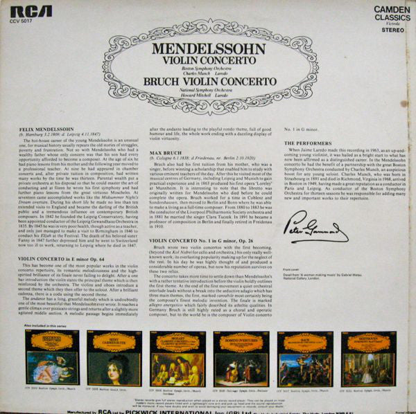 Mendelssohn* / Boston Symphony Orchestra, Bruch* / Laredo*, Charles Munch, Howard Mitchell : Violin Concerto (LP, RE)