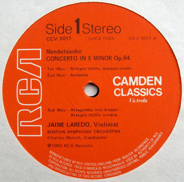 Mendelssohn* / Boston Symphony Orchestra, Bruch* / Laredo*, Charles Munch, Howard Mitchell : Violin Concerto (LP, RE)