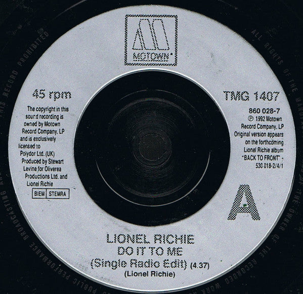 Lionel Richie : Do It To Me (7", Single)