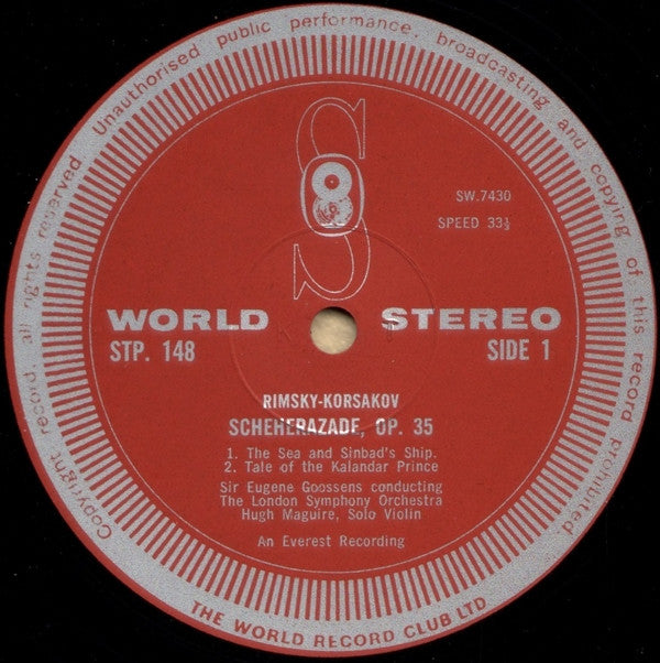 London Symphony Orchestra Conducted By Sir Eugene Goossens : Scheherazade (LP, Album, Club, RE)
