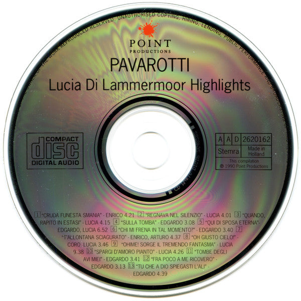 Luciano Pavarotti, Orchestra* And Chorus Of The Theatre San Carlo Di Napoli*, Carlo Franci : Lucia Di Lammermoor Highlights (CD, Album, RE)