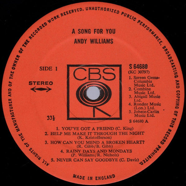 Andy Williams : A Song For You (LP, Album)