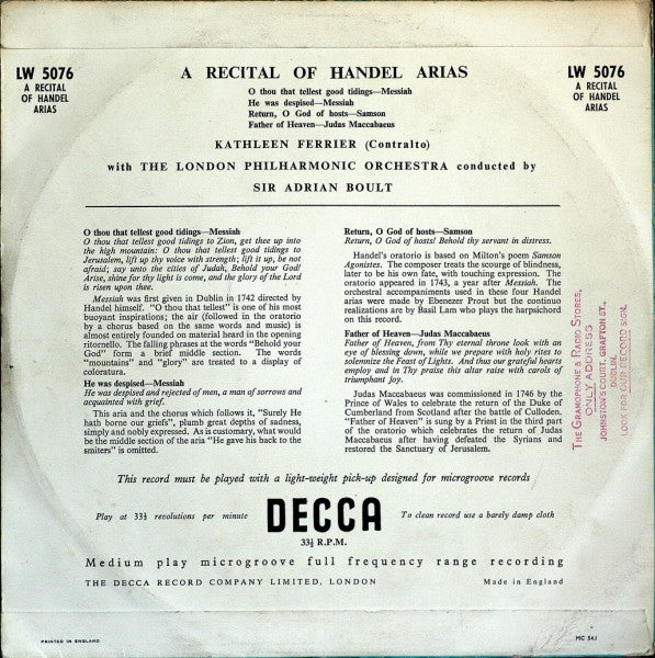 Georg Friedrich Händel, Kathleen Ferrier With Sir Adrian Boult Conducting London Philharmonic Orchestra : A Recital Of Handel Arias (10", Med)