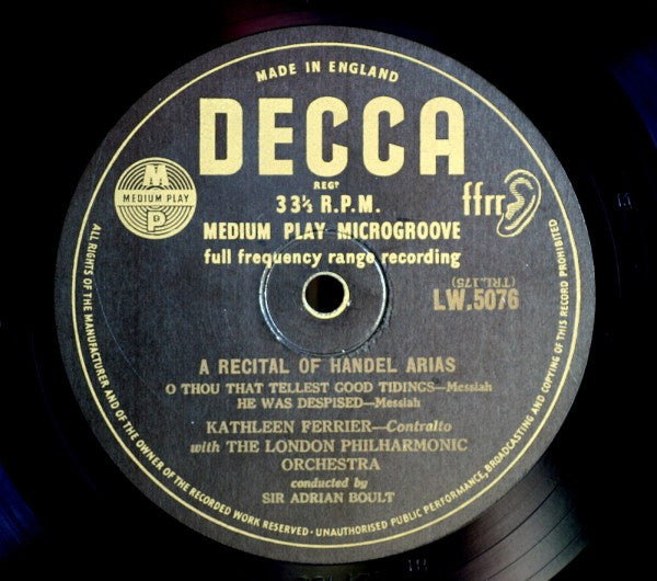Georg Friedrich Händel, Kathleen Ferrier With Sir Adrian Boult Conducting London Philharmonic Orchestra : A Recital Of Handel Arias (10", Med)