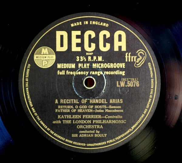 Georg Friedrich Händel, Kathleen Ferrier With Sir Adrian Boult Conducting London Philharmonic Orchestra : A Recital Of Handel Arias (10", Med)