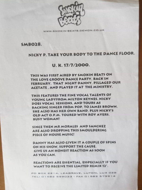 Nicky P (3) : Take Your Body To The Dancefloor (12", TP)