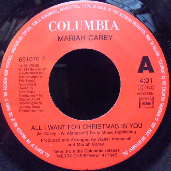 Mariah Carey : All I Want For Christmas Is You (7", Single, Jukebox)
