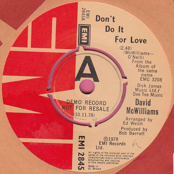 David McWilliams : Don't Do It For Love (7", Promo)