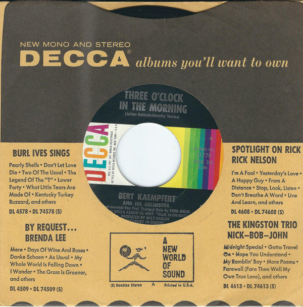 Bert Kaempfert & His Orchestra : Three O'Clock In The Morning (7", Single, Pin)
