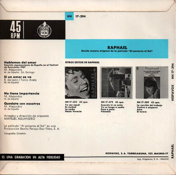 Raphael (2) : Eurovision '67 - Hablemos Del Amor (7", EP)