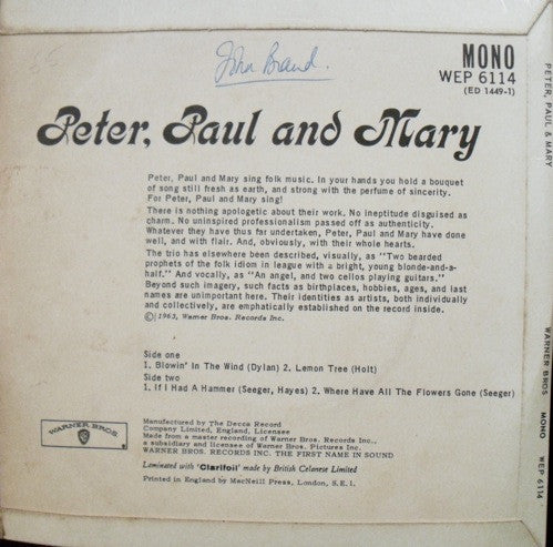 Peter, Paul & Mary : Peter, Paul And Mary (7", EP, Mono)