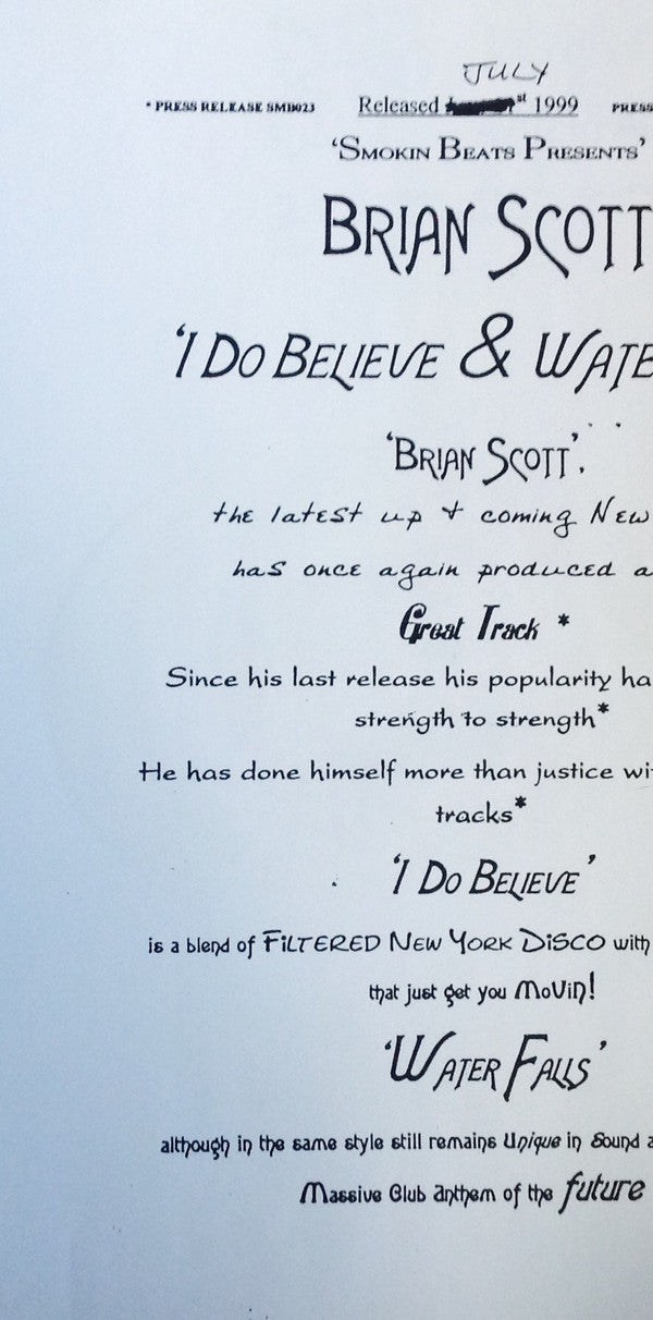 Brian Scott : I Do Believe / Waterfalls (12", TP)