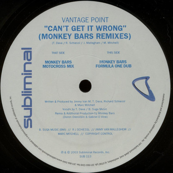 Vantage Point : Can't Get It Wrong (Monkey Bars Mixes) (12")