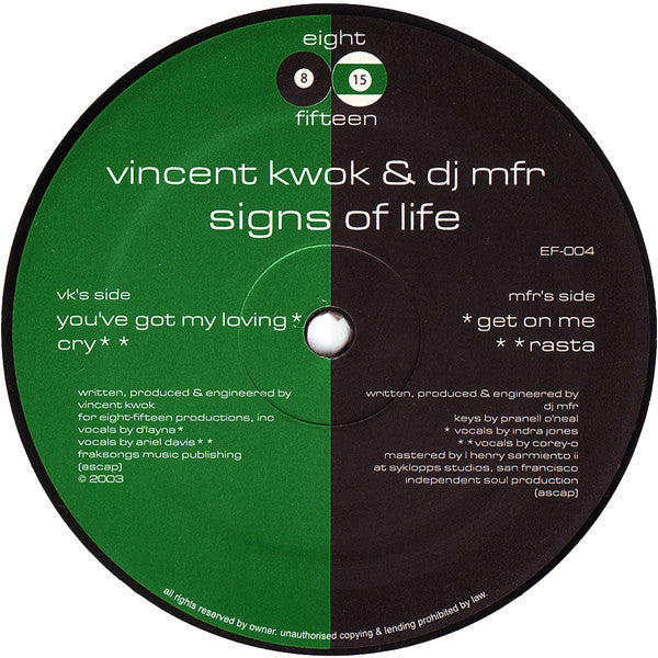 Vincent Kwok & DJ MFR : Signs Of Life (12")