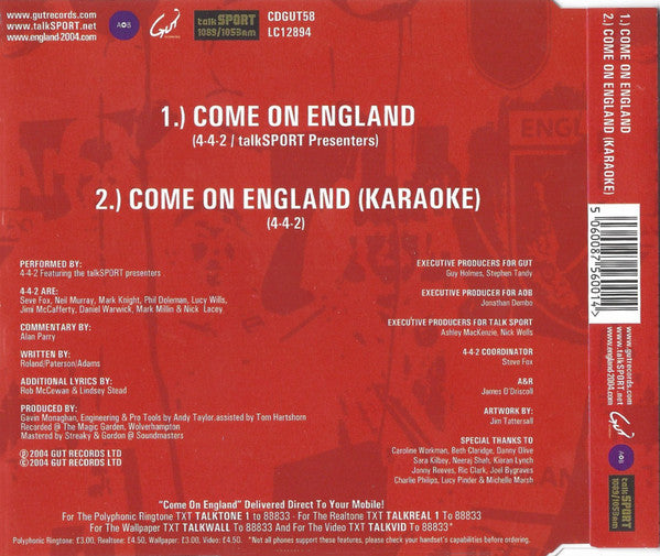 4-4-2 Featuring TalkSport Presenters : Come On England (CD, Single)