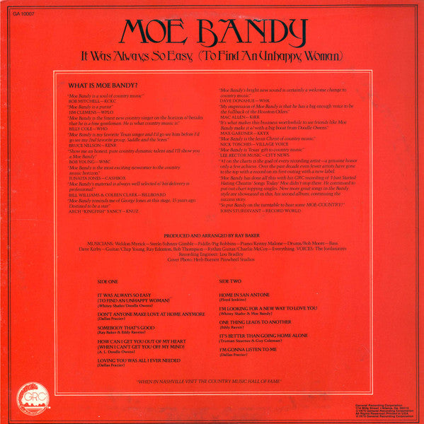 Moe Bandy : It Was Always So Easy (To Find An Unhappy Woman) (LP, Album, NAM)