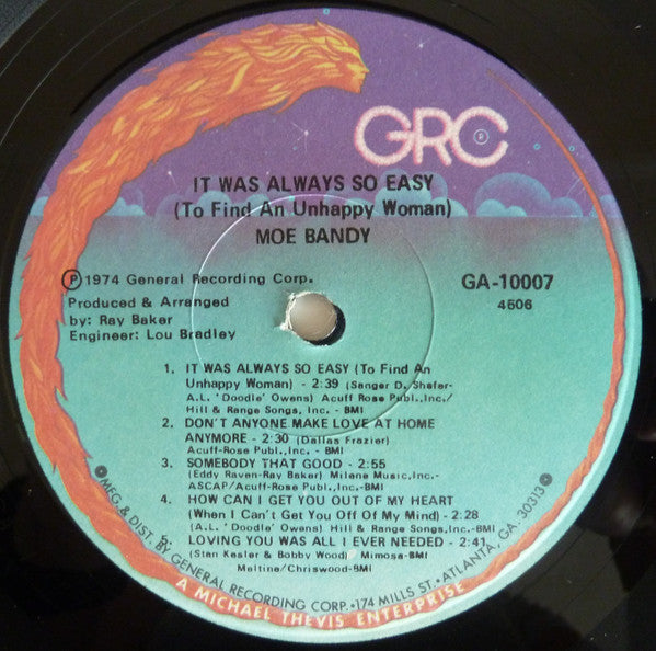 Moe Bandy : It Was Always So Easy (To Find An Unhappy Woman) (LP, Album, NAM)