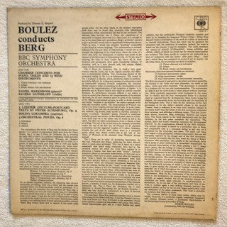 Pierre Boulez Conducts Alban Berg - BBC Symphony Orchestra / Daniel Barenboim / Saschko Gawriloff / Halina Lukomska : Chamber Concerto / 3 Orchestral Pieces, Op.6 / Altenberg Lieder, Op.4 (LP)