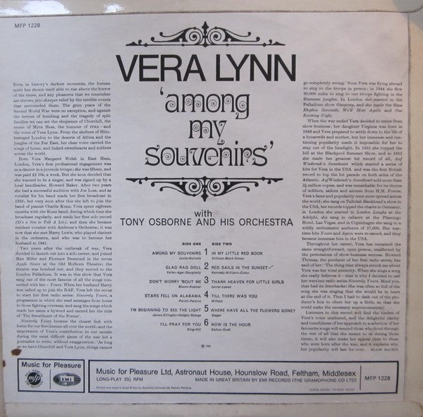 Vera Lynn With Tony Osborne And His Orchestra : Among My Souvenirs (LP, Album, RE)