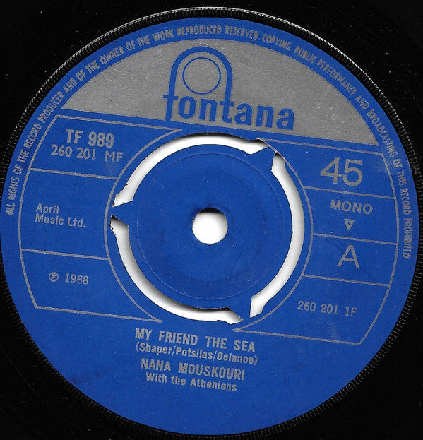 Nana Mouskouri With Les Athéniens : My Friend The Sea (7", Single, Mono)