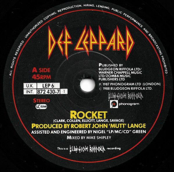 Def Leppard : Rocket (7", Single, Pap)