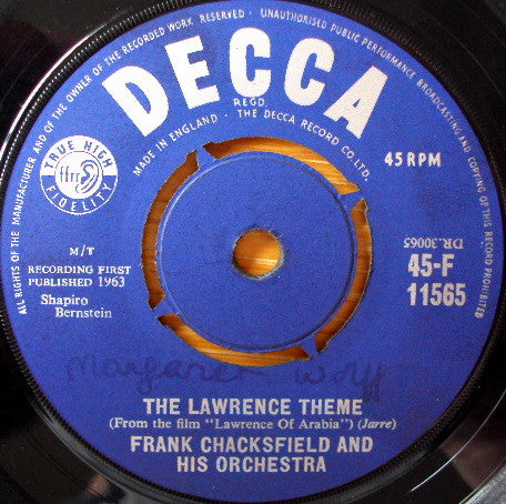 Frank Chacksfield & His Orchestra : The Lawrence Theme (From The Film "Lawrence Of Arabia") (7", Single)